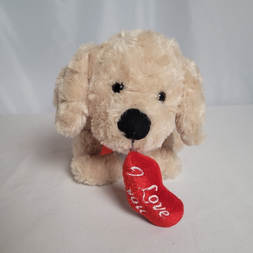 Valentines Day I Love You Tan Dog Plush American Greetings Red Bow 10"